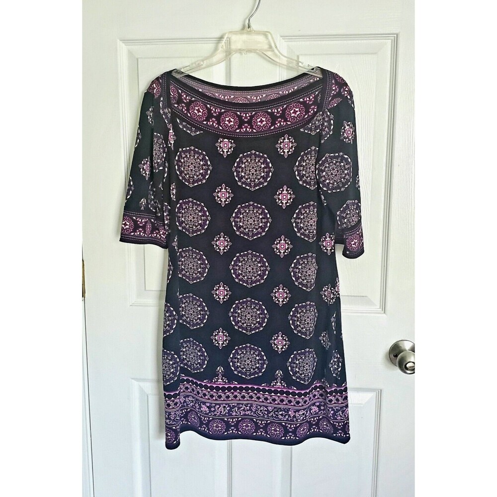 Max Edition Petite Shift Dress LP Medallion Print Boat Neck Decorated Hem Cuff
